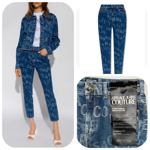 NWT $525 Authentic Versace Couture allover logo stretchy cotton jeans 27 - Picture 3 of 17